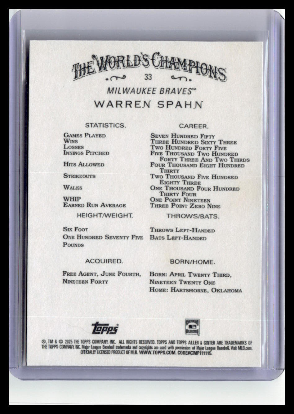 2025 Topps Allen & Ginter #33 Warren Spahn