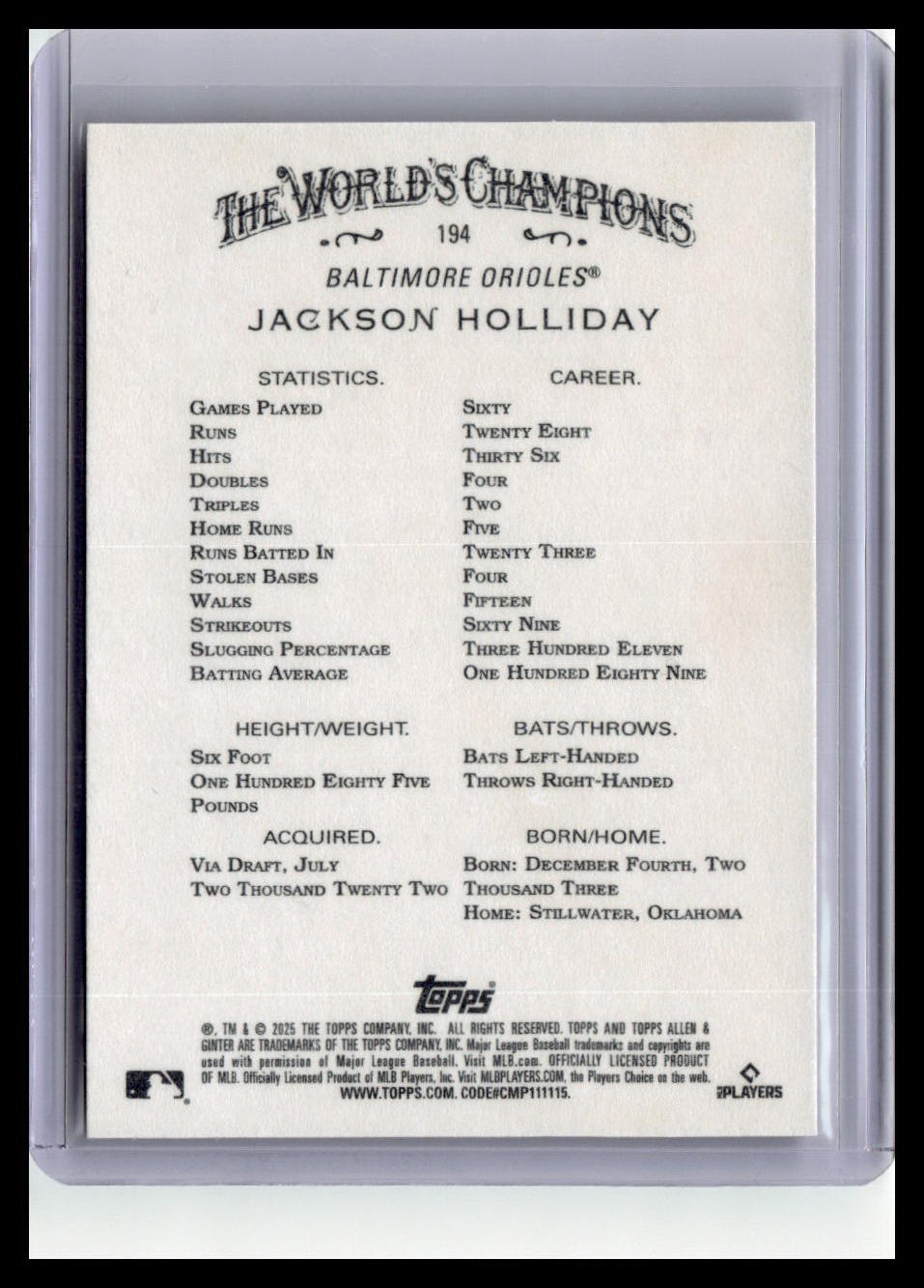 2025 Topps Allen & Ginter #194 Jackson Holliday