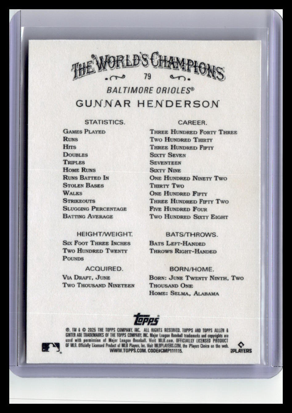 2025 Topps Allen & Ginter #79 Gunnar Henderson