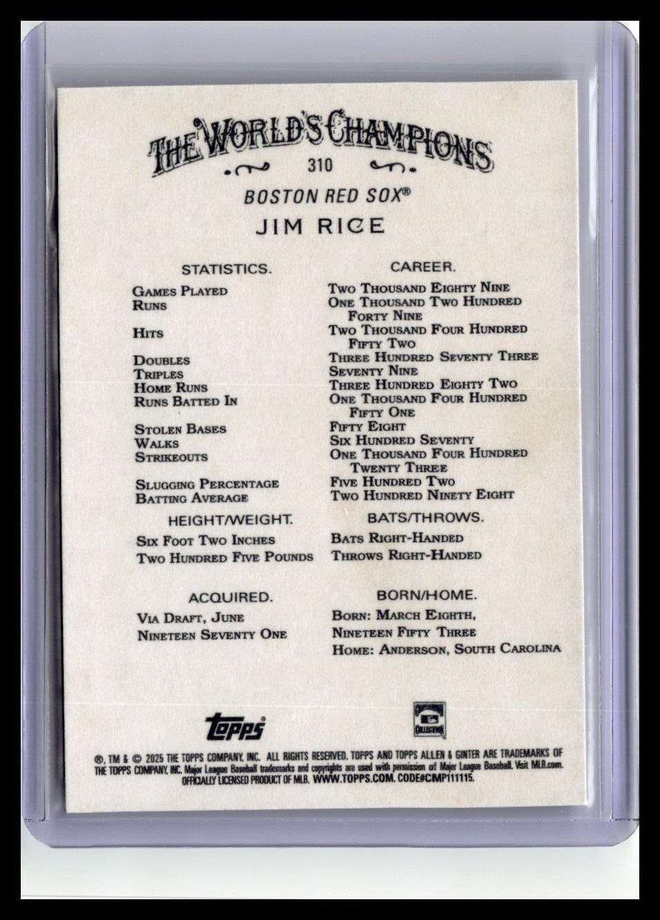 2025 Topps Allen & Ginter #310 Jim Rice