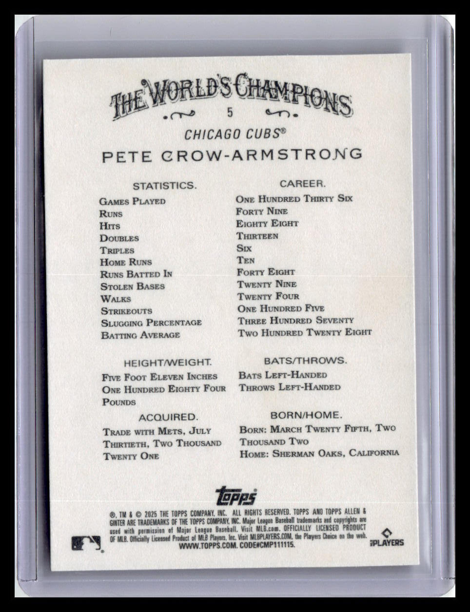 2025 Topps Allen & Ginter #5 Pete Crow-Armstrong
