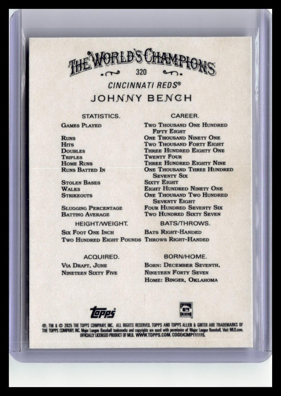 2025 Topps Allen & Ginter #320 Johnny Bench