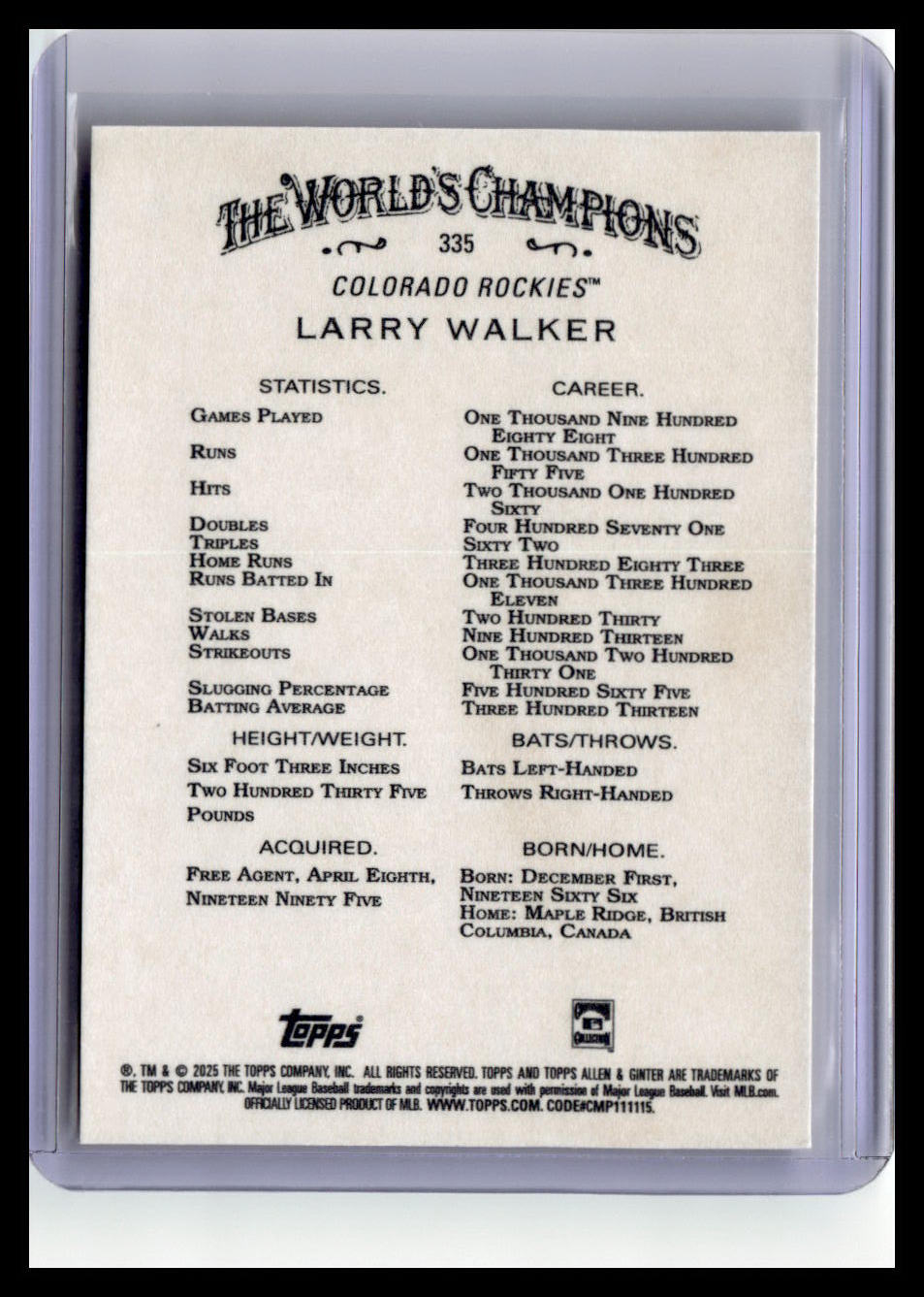 2025 Topps Allen & Ginter #335 Larry Walker