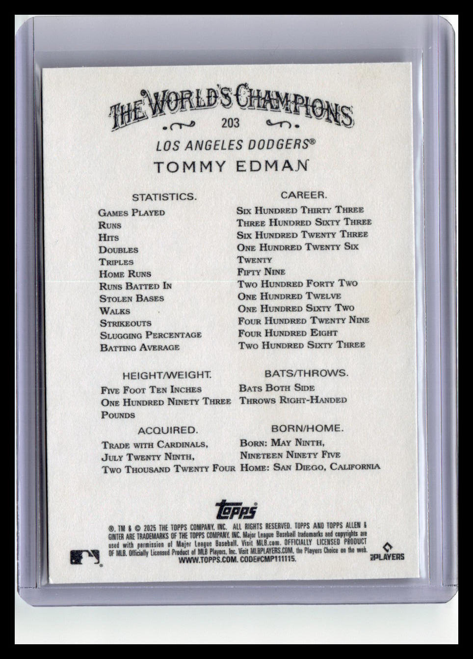 2025 Topps Allen & Ginter #203 Tommy Edman