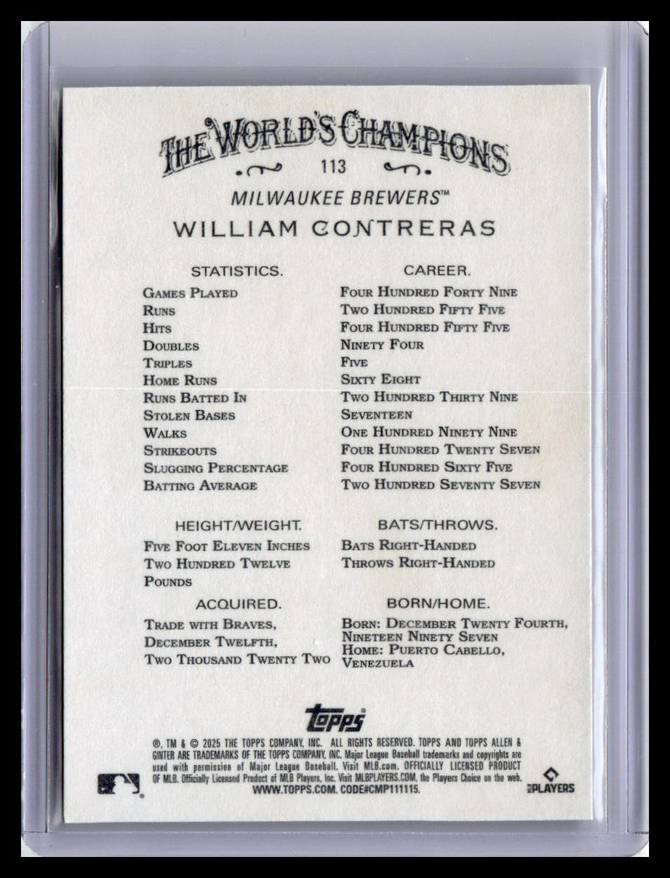 2025 Topps Allen & Ginter #113 William Contreras