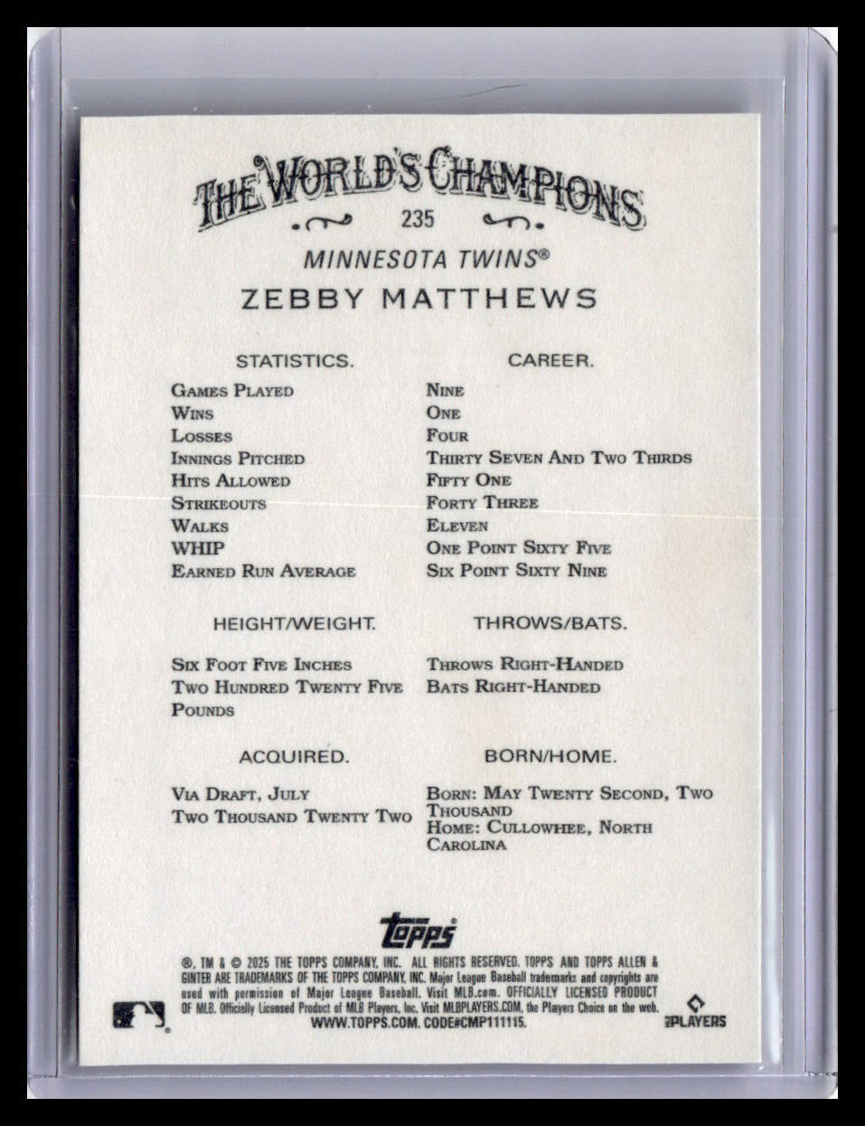2025 Topps Allen & Ginter #235 Zebby Matthews