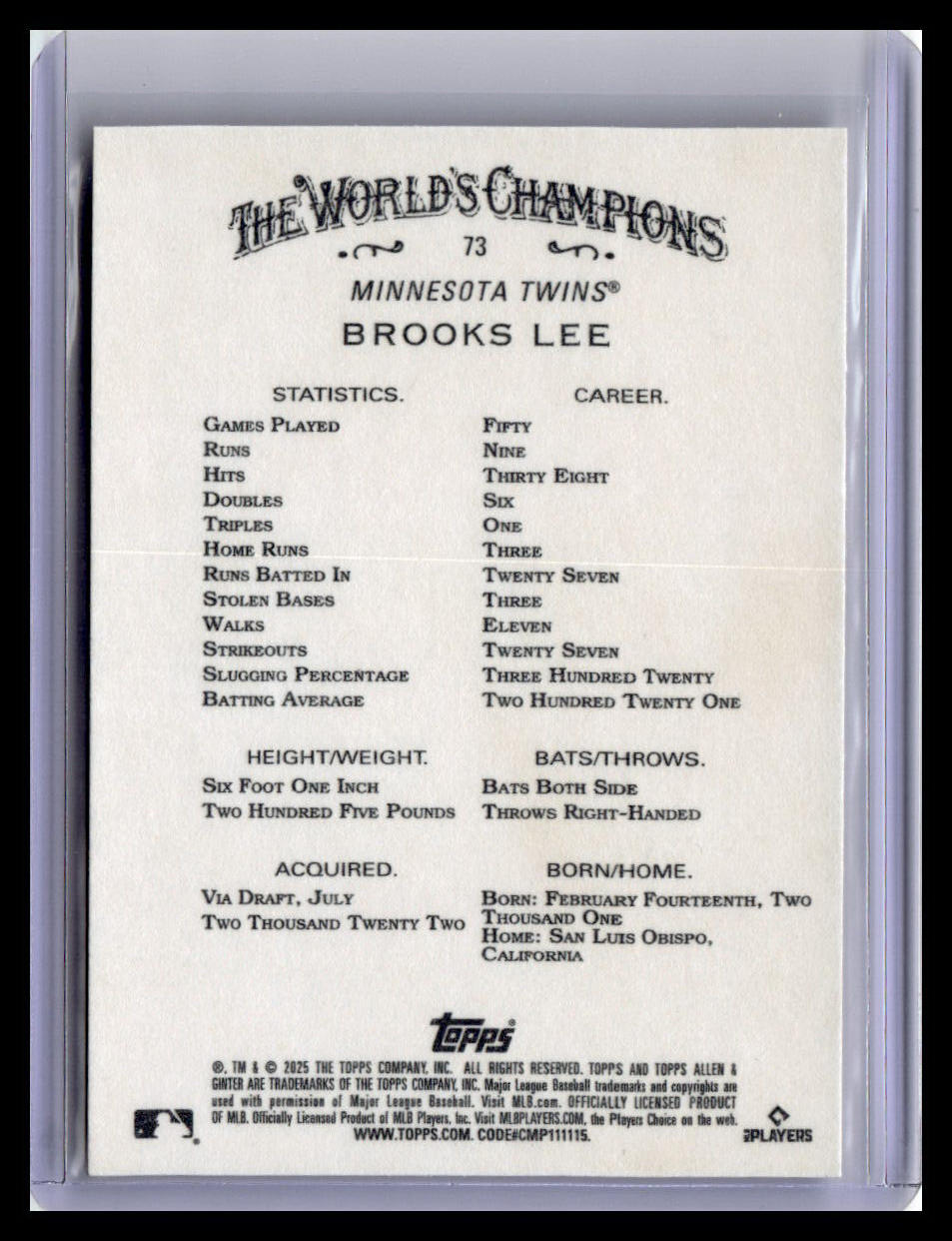 2025 Topps Allen & Ginter #73 Brooks Lee