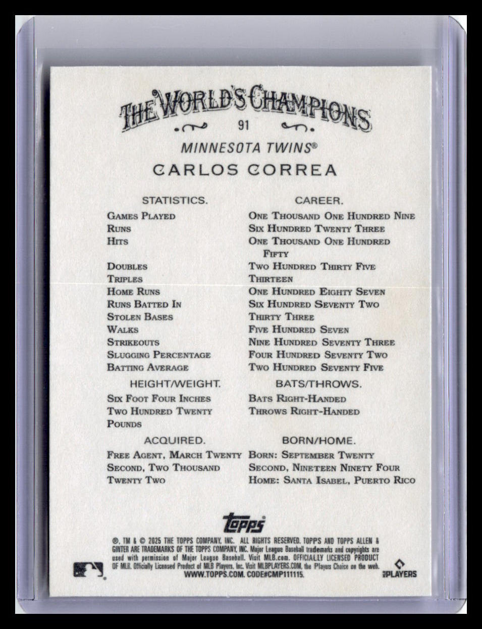 2025 Topps Allen & Ginter #91 Carlos Correa