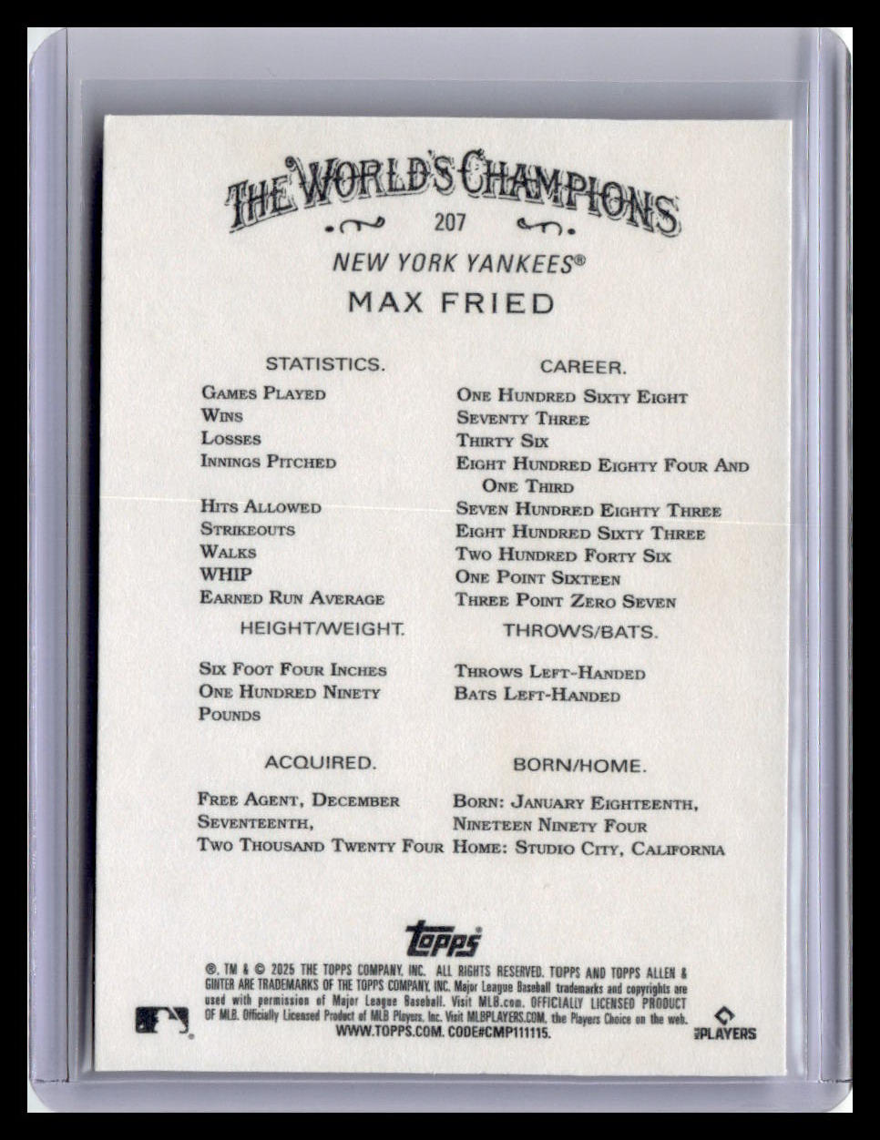 2025 Topps Allen & Ginter #207 Max Fried