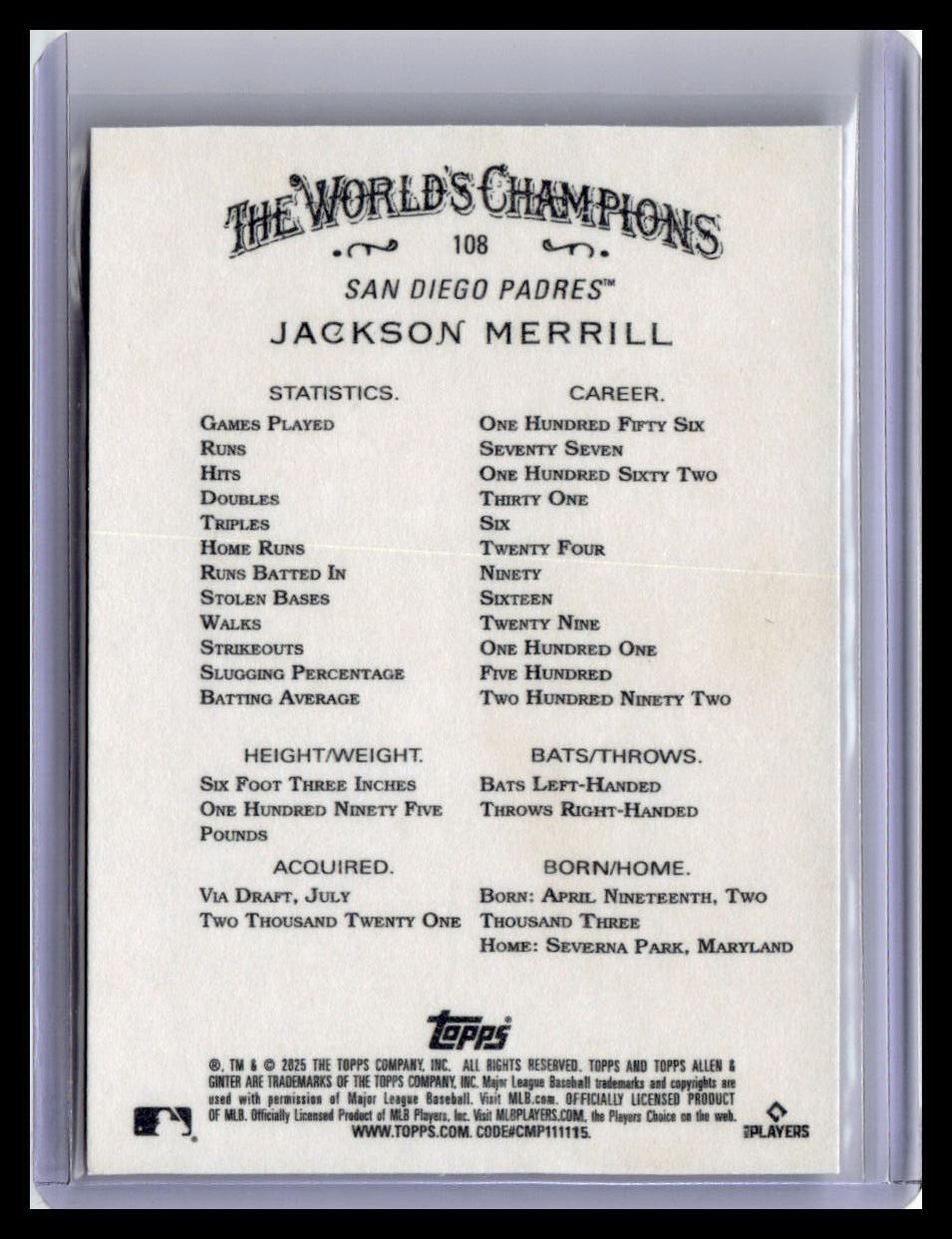 2025 Topps Allen & Ginter #108 Jackson Merrill