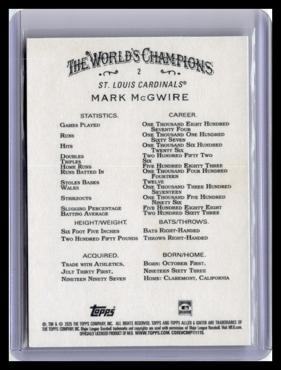 2025 Topps Allen & Ginter #2 Mark McGwire