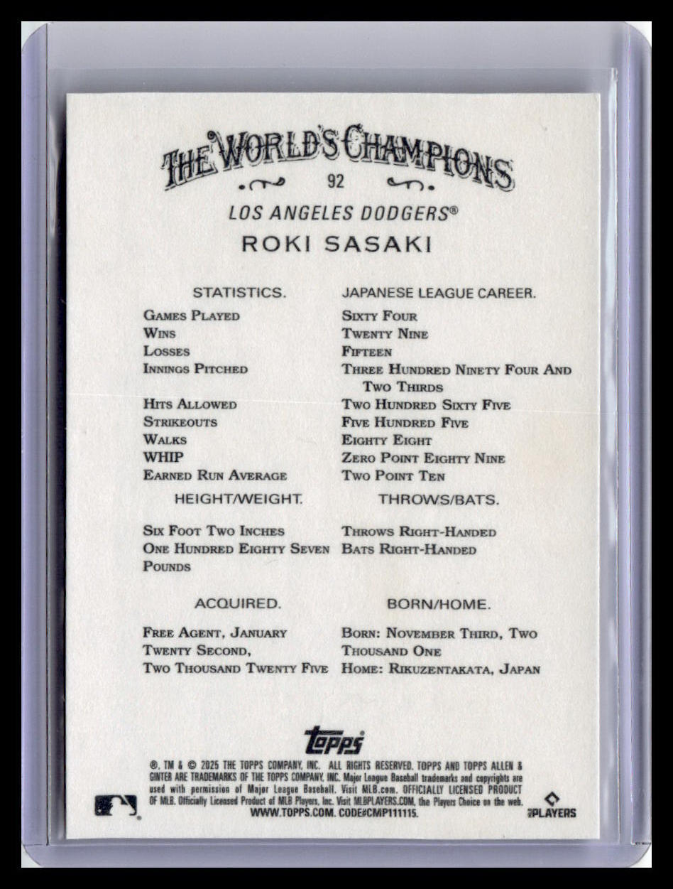2025 Topps Allen & Ginter #92 Roki Sasaki