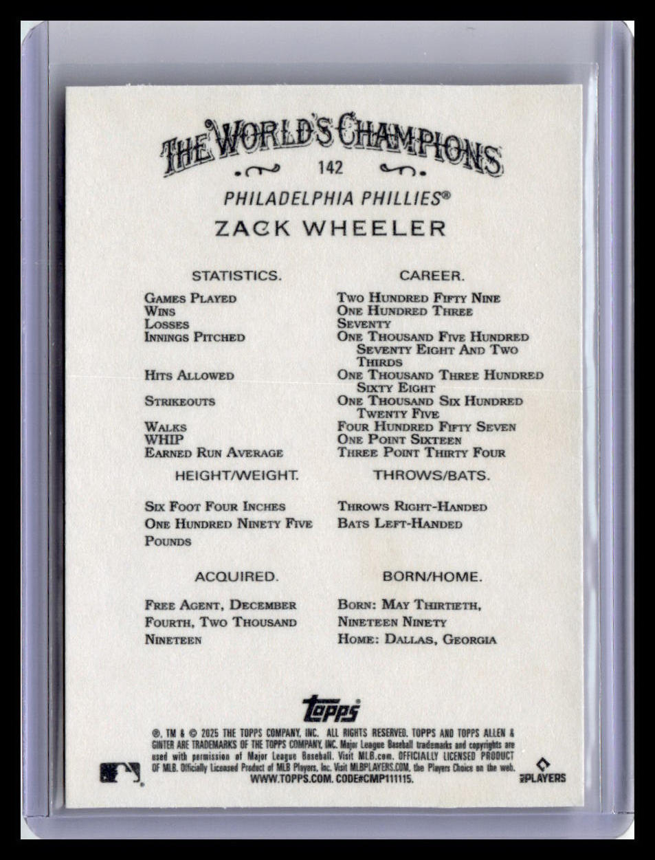 2025 Topps Allen & Ginter #142 Zack Wheeler