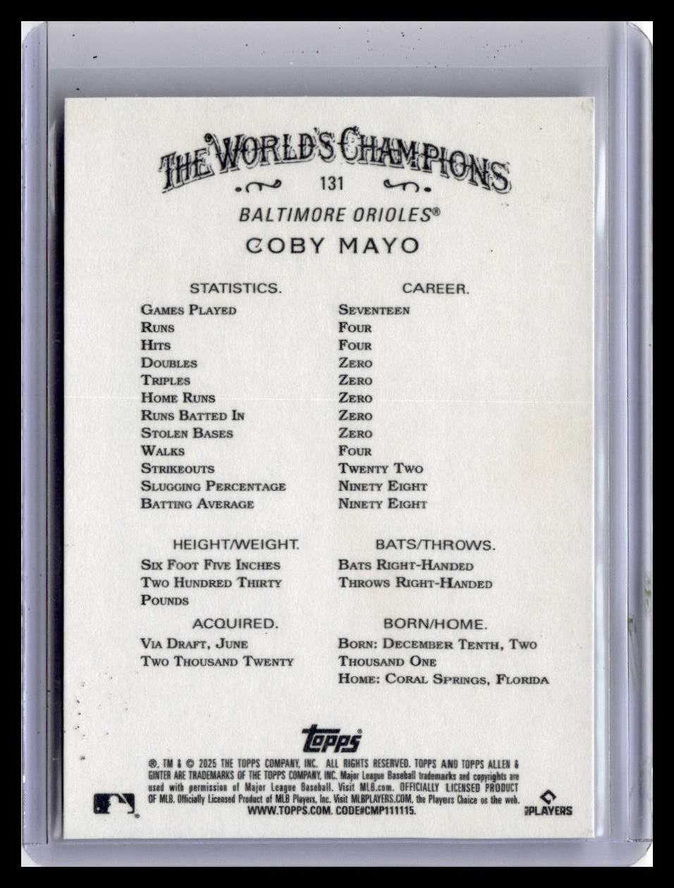2025 Topps Allen & Ginter #131 Coby Mayo