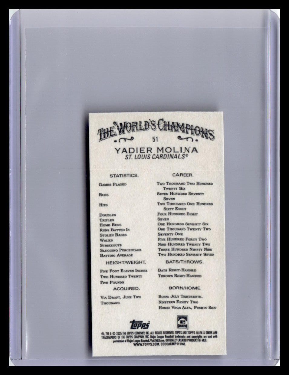 2025 Topps Allen & Ginter #51 Yadier Molina Mini Black Border