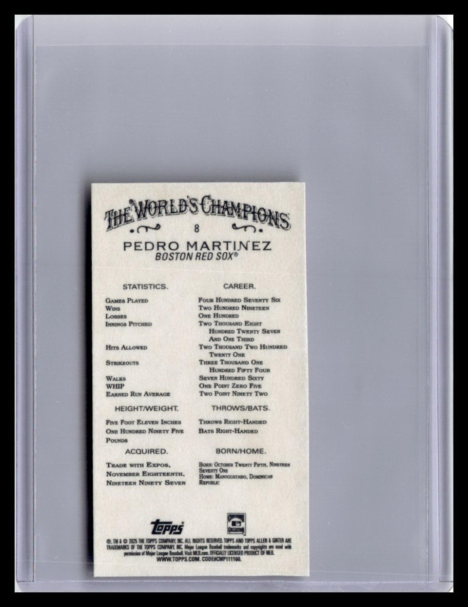 2025 Topps Allen & Ginter #8 Pedro Martinez Mini Gold Border