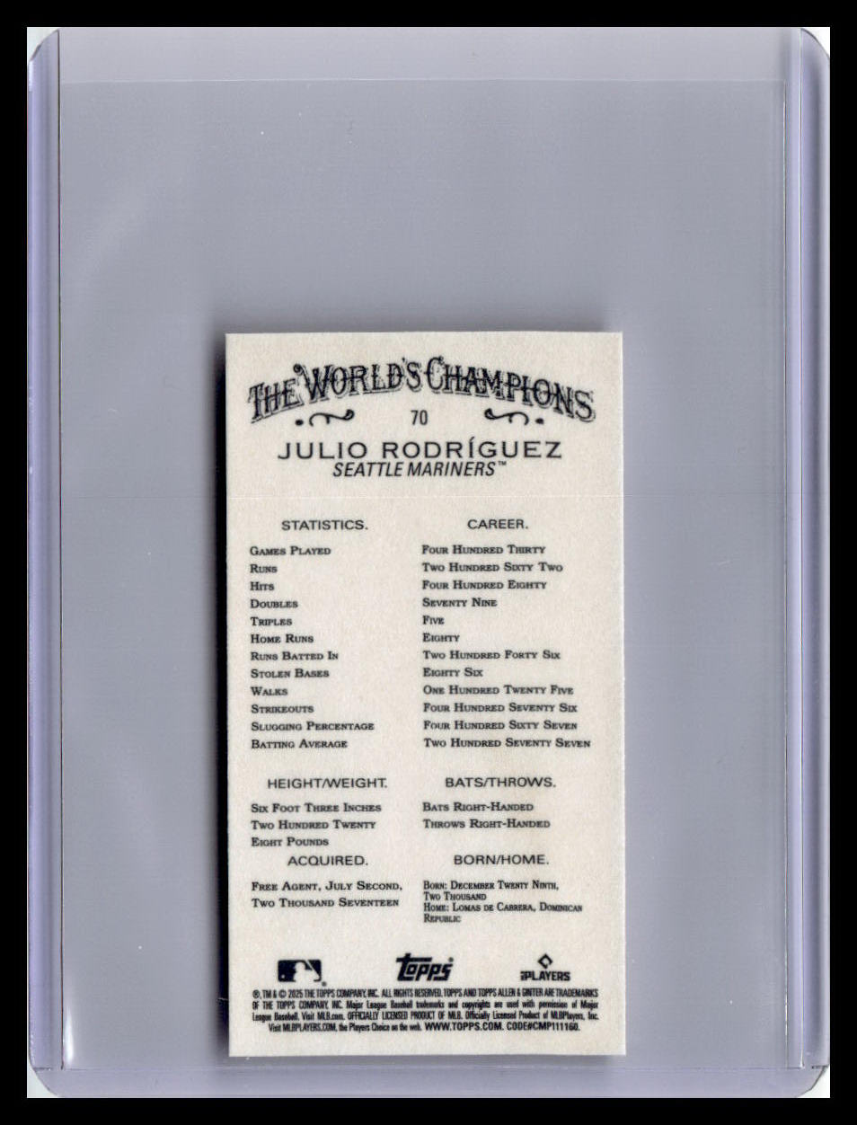 2025 Topps Allen & Ginter #70 Julio Rodríguez Mini