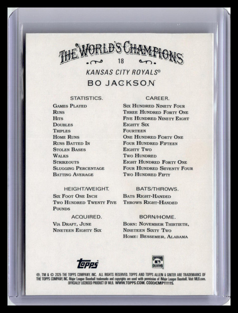 2025 Topps Allen & Ginter #18 Bo Jackson Silver Portrait
