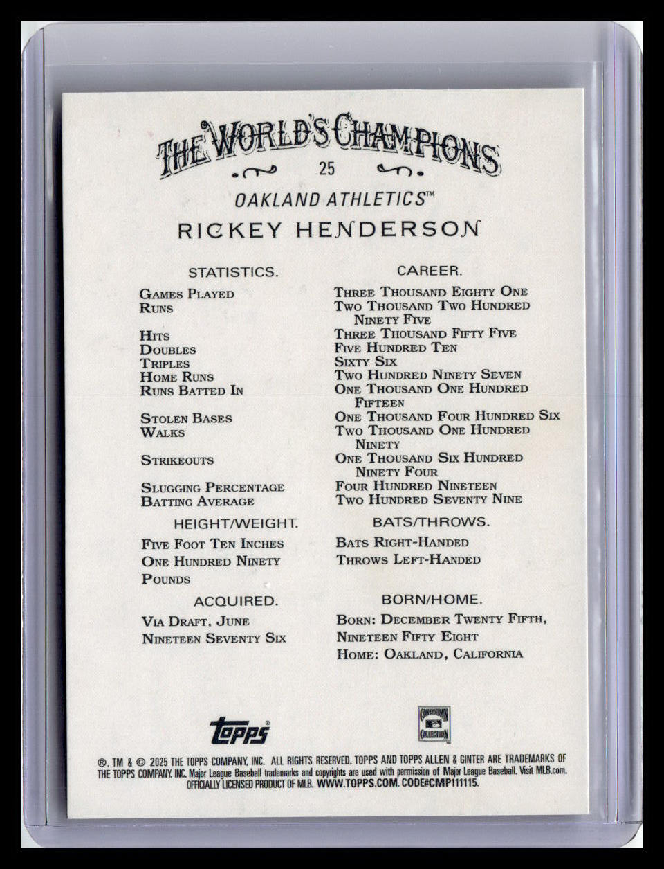2025 Topps Allen & Ginter #25 Rickey Henderson Silver Portrait