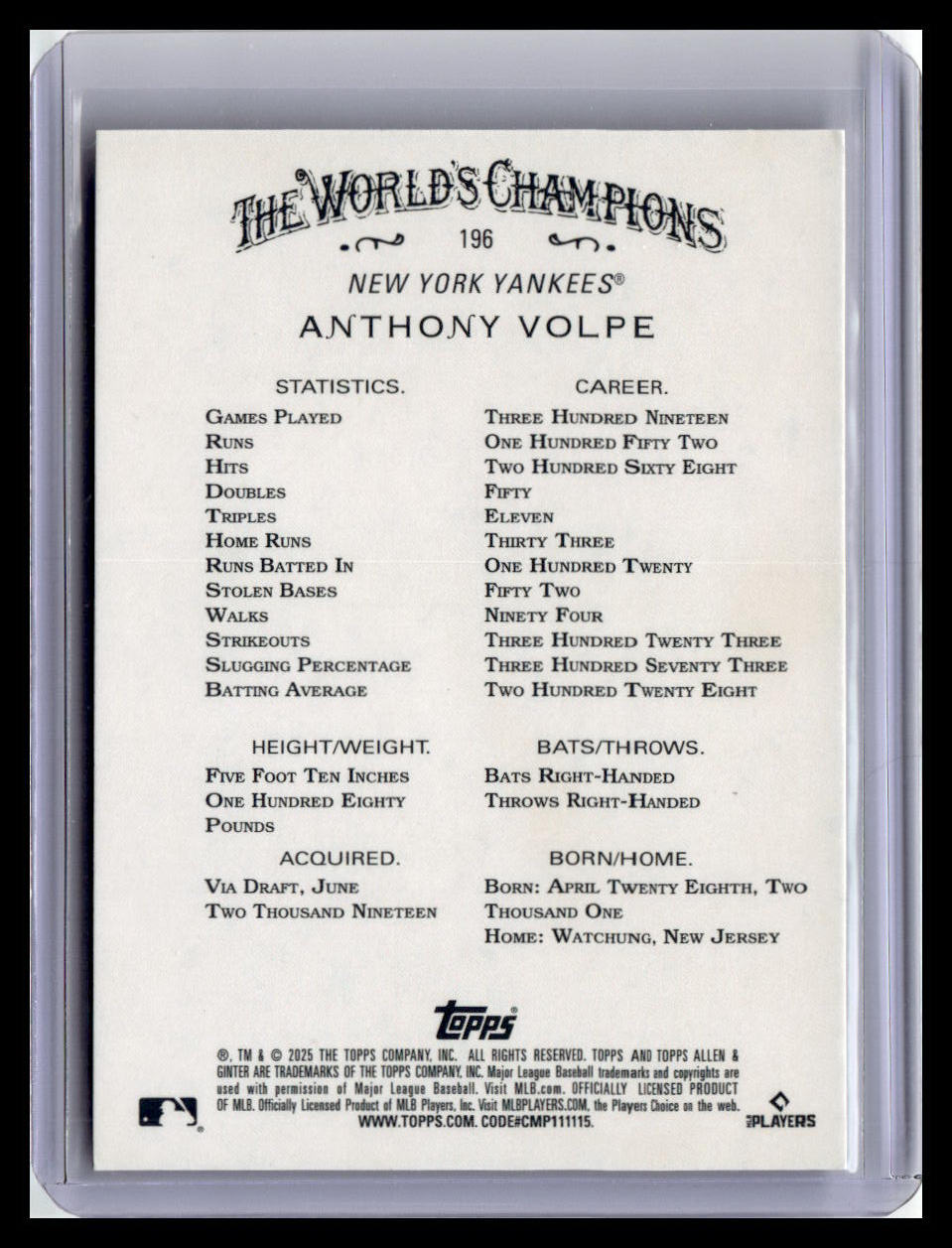 2025 Topps Allen & Ginter #196 Anthony Volpe Silver Portrait