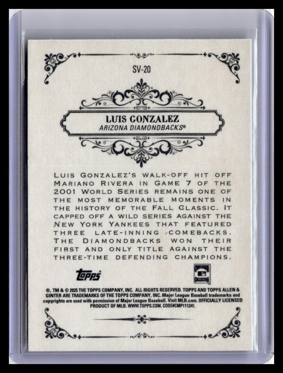 2025 Topps Allen & Ginter #SV-20 Luis Gonzalez Sweet Victory
