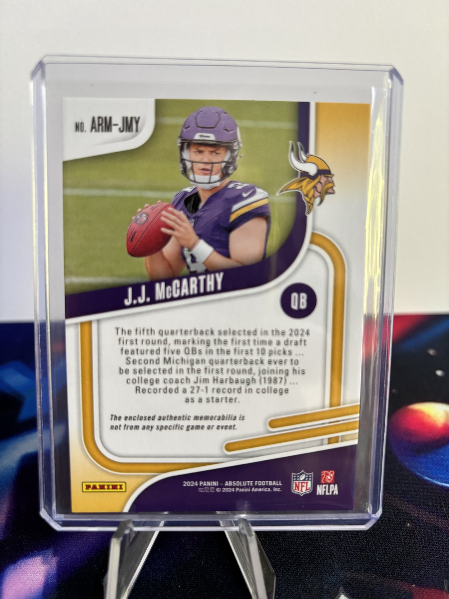 2024 Panini Absolute #ARM-JMY J.J. McCarthy Absolute Rookie Materials