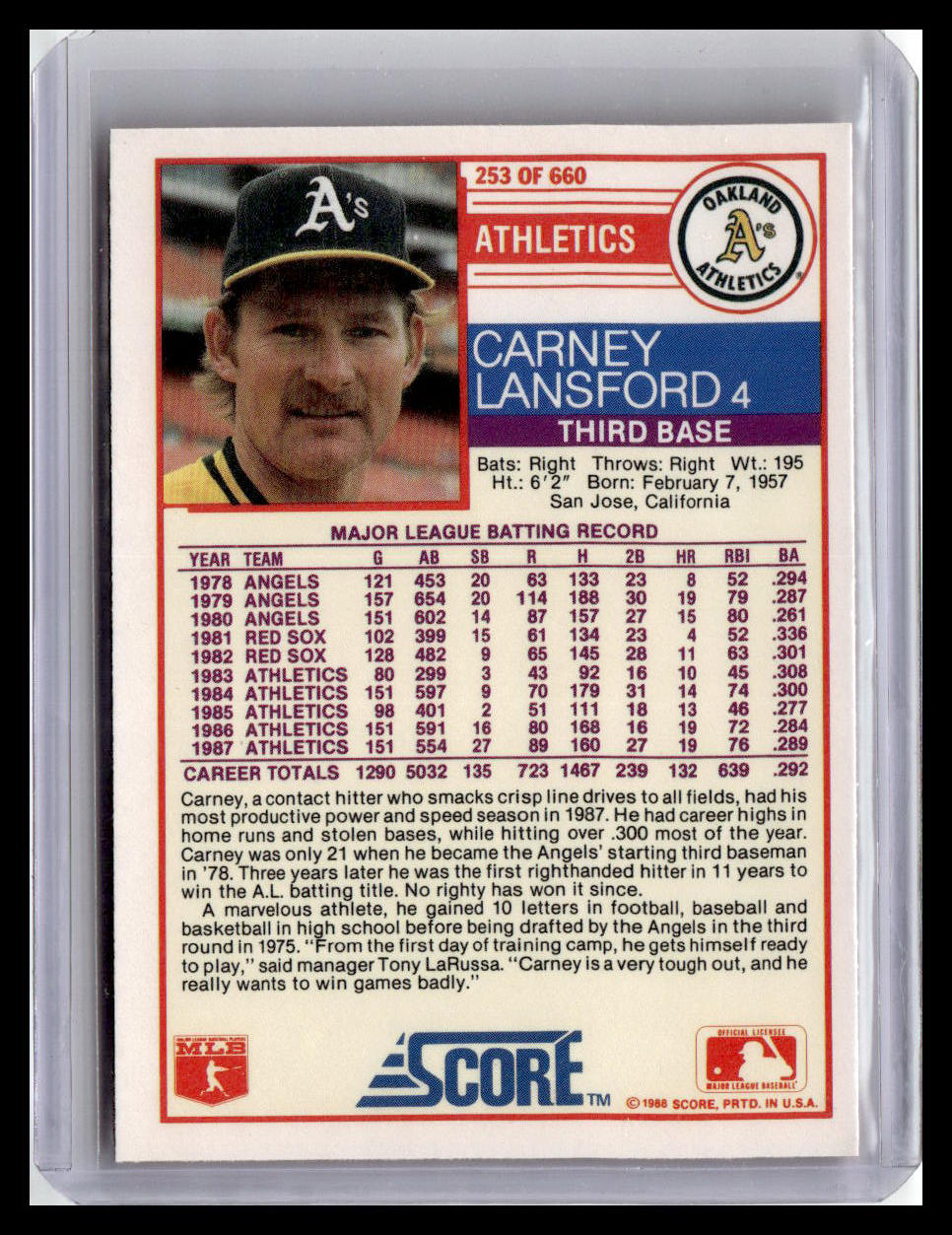1988 Score #253 Carney Lansford
