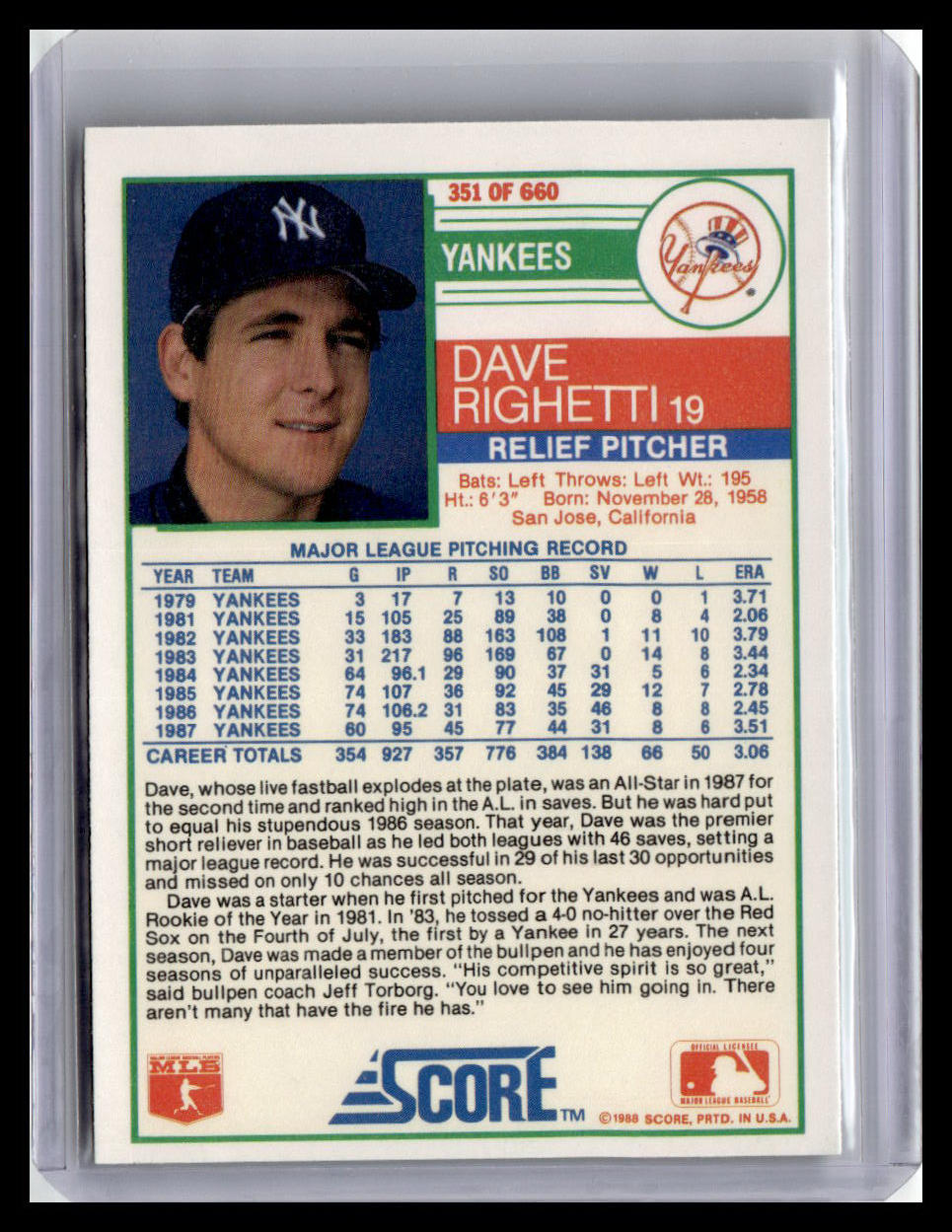 1988 Score #351 Dave Righetti