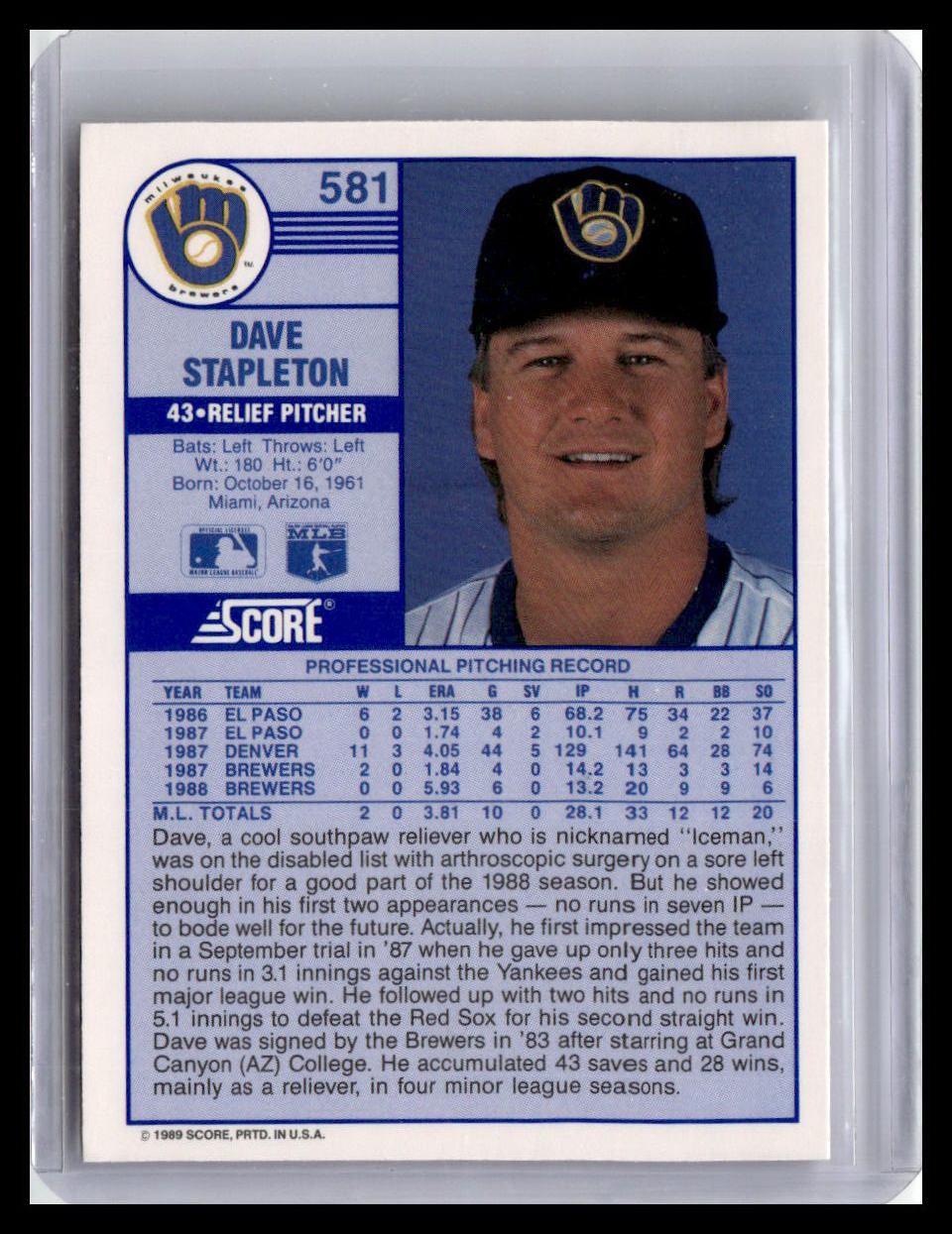 1989 Score #581 Dave Stapleton
