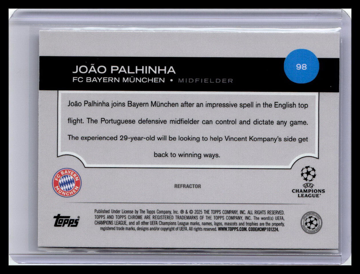 2024-25 Topps Chrome UEFA Club Competitions #98 João Palhinha