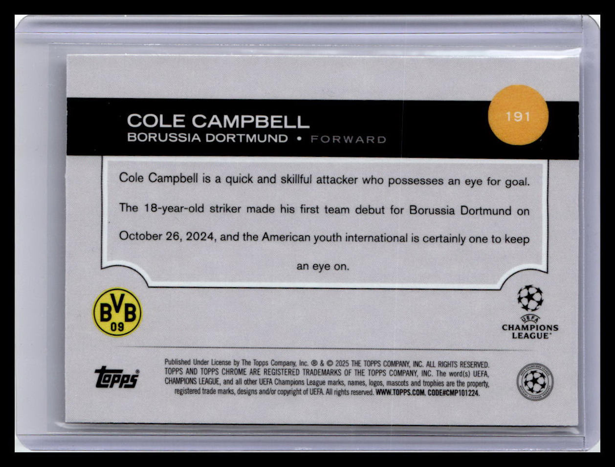 2024-25 Topps Chrome UEFA Club Competitions #191 Cole Campbell Refractor