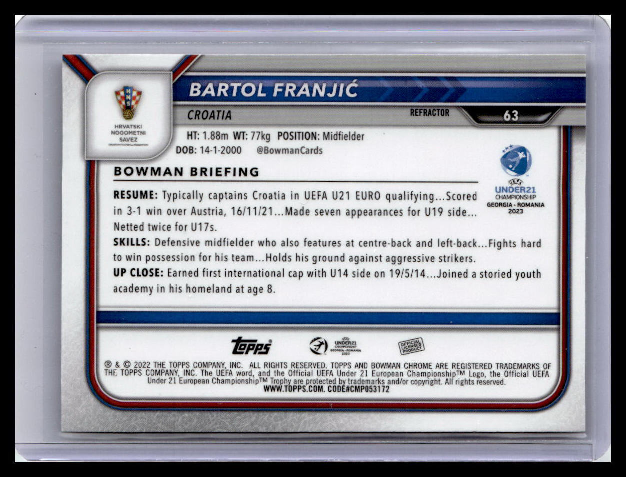 2022 Bowman Chrome Road to UEFA U21 Euros #63 Bartol Franjic