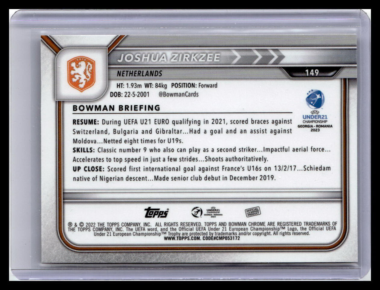 2022 Bowman Chrome Road to UEFA U21 Euros #149 Joshua Zirkzee