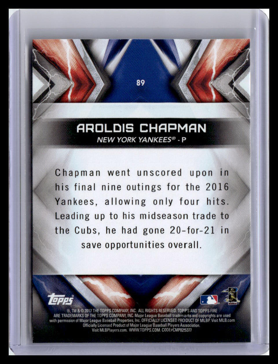 2017 Topps Fire #89 Aroldis Chapman