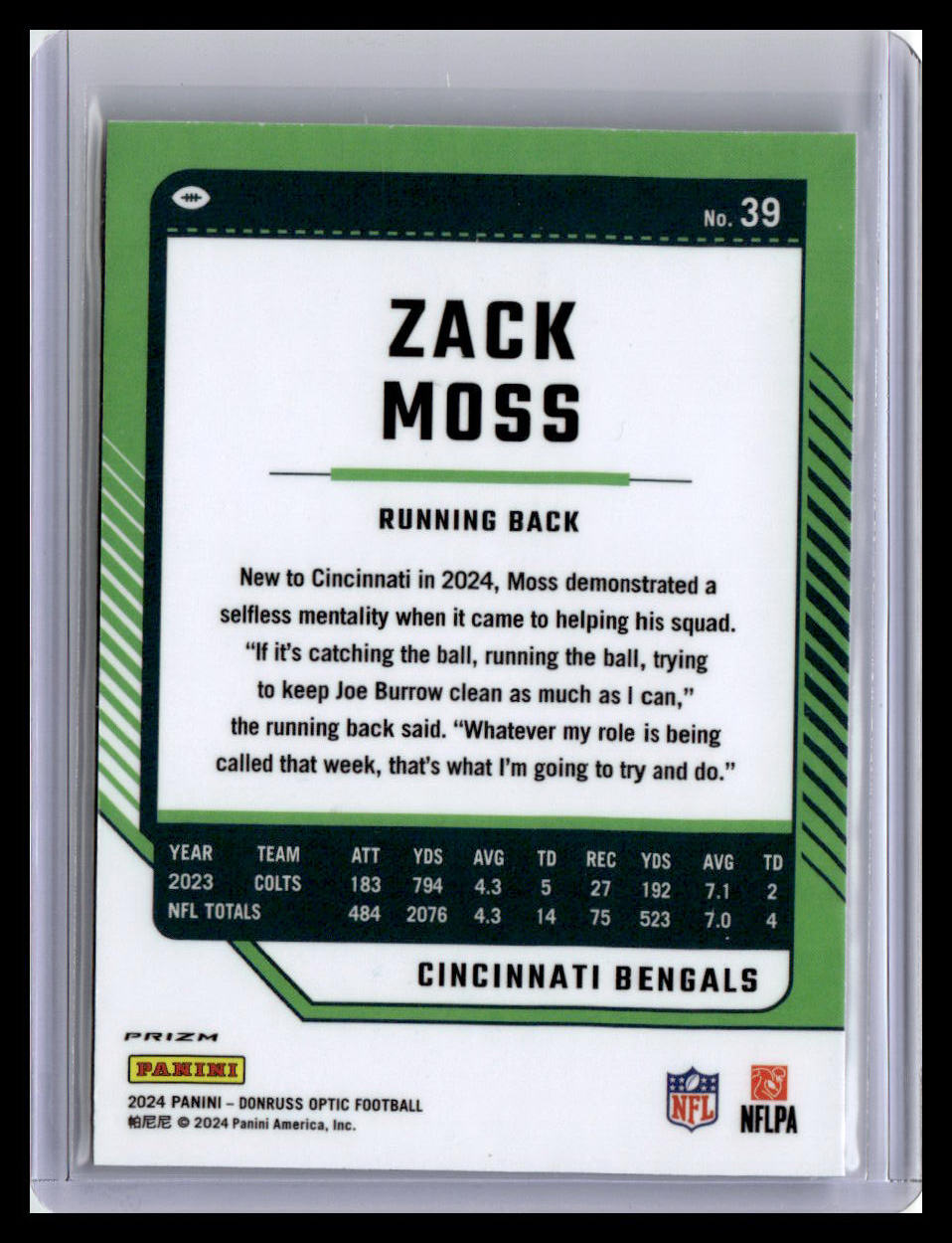 2024 Donruss Optic #39 Zack Moss Holo