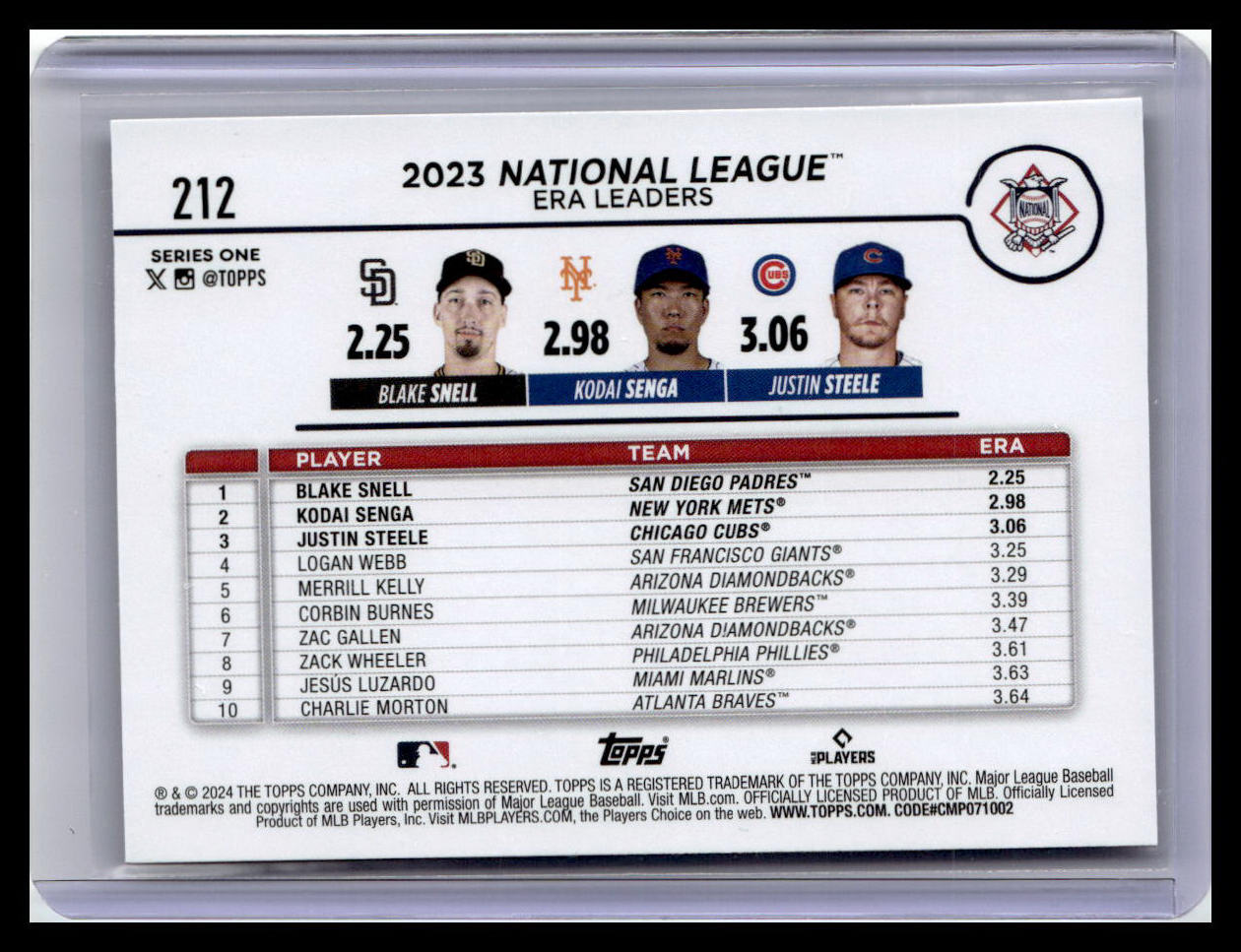 2024 Topps #212 NL ERA Leaders Snell/Senga/Steele