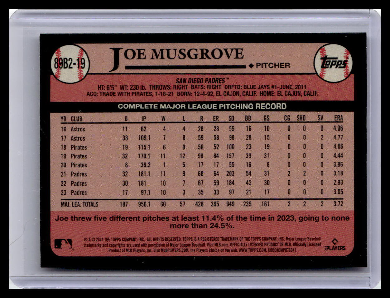 2024 Topps #89B2-19 Joe Musgrove 1989 Topps Baseball 35th Anniversary