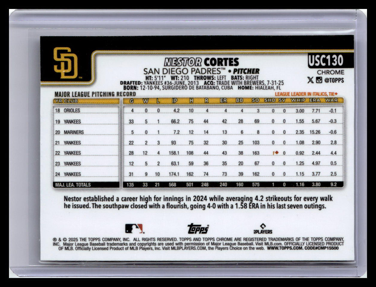 2025 Topps Chrome Update #USC130 Nestor Cortes