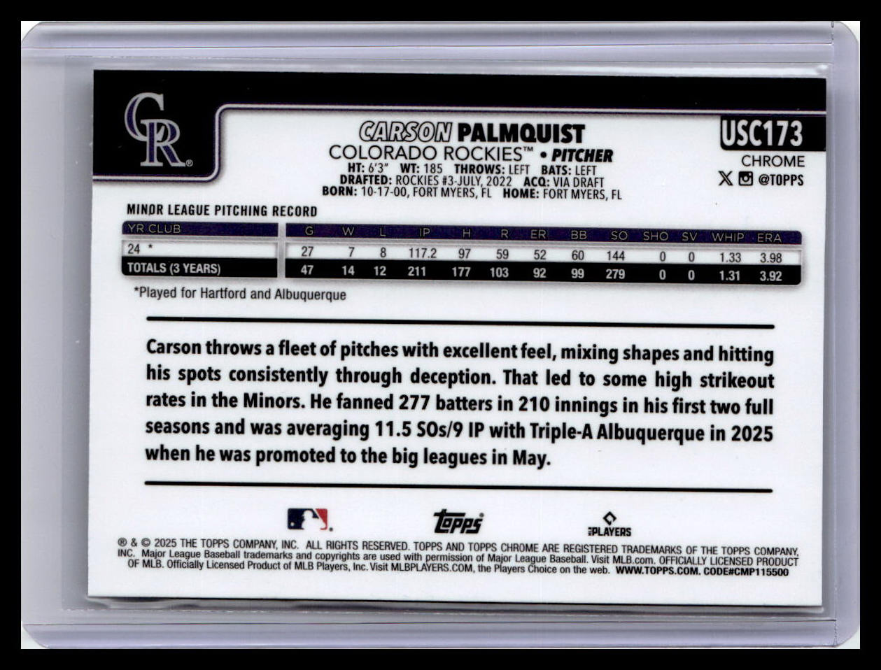 2025 Topps Chrome Update #USC173 Carson Palmquist