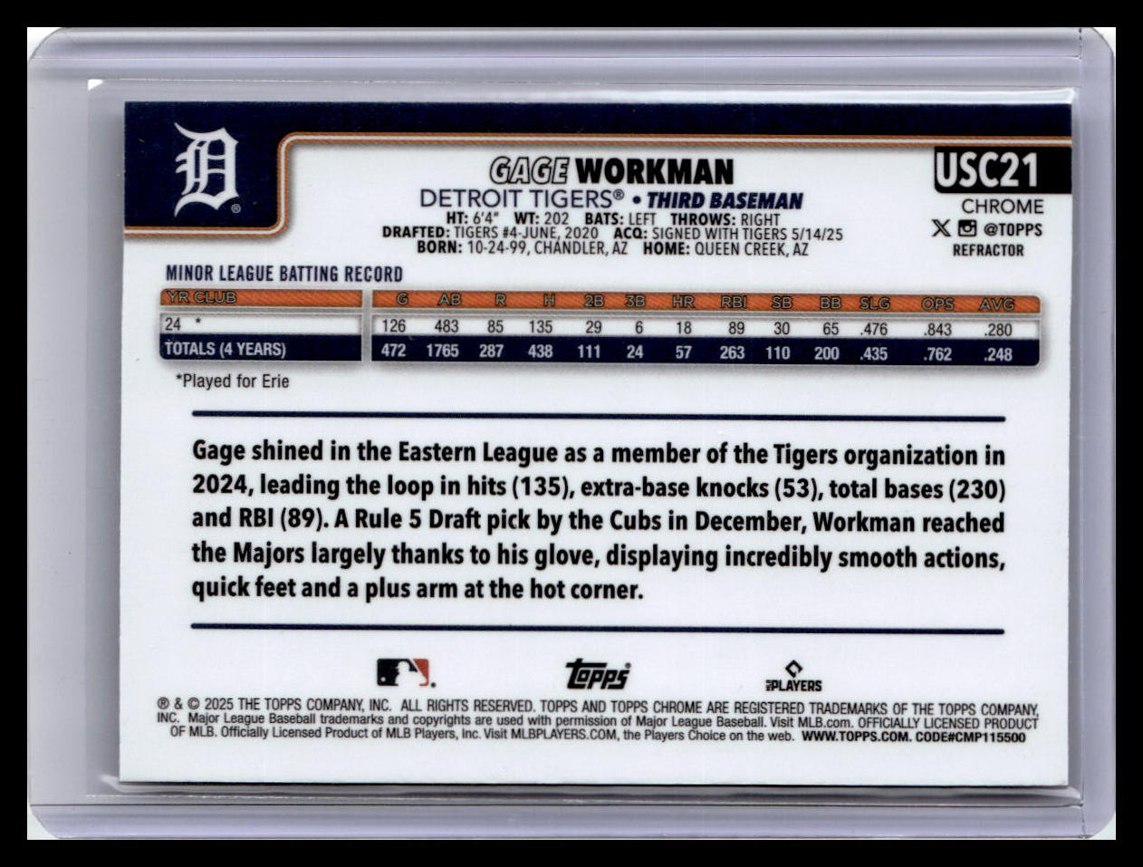 2025 Topps Chrome Update #USC21 Gage Workman Refractors