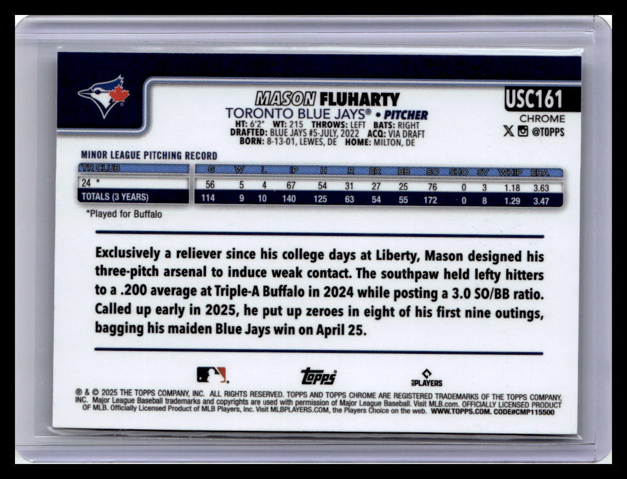 2025 Topps Chrome Update #USC161 Mason Fluharty