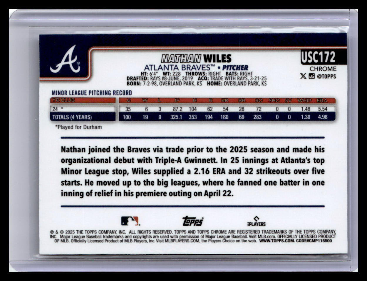 2025 Topps Chrome Update #USC172 Nathan Wiles X-Fractors