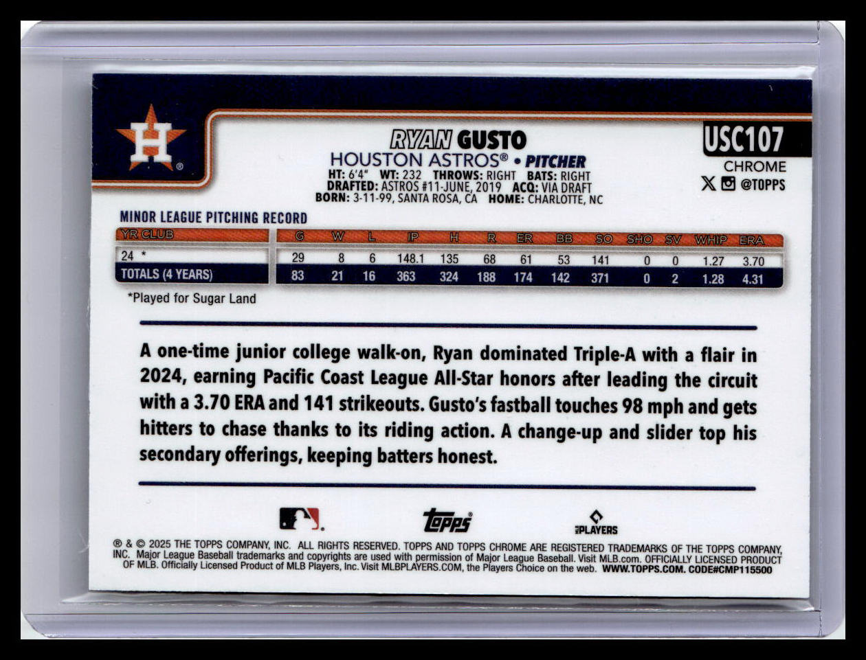 2025 Topps Chrome Update #USC107 Ryan Gusto Aqua RayWave Refractor #/199