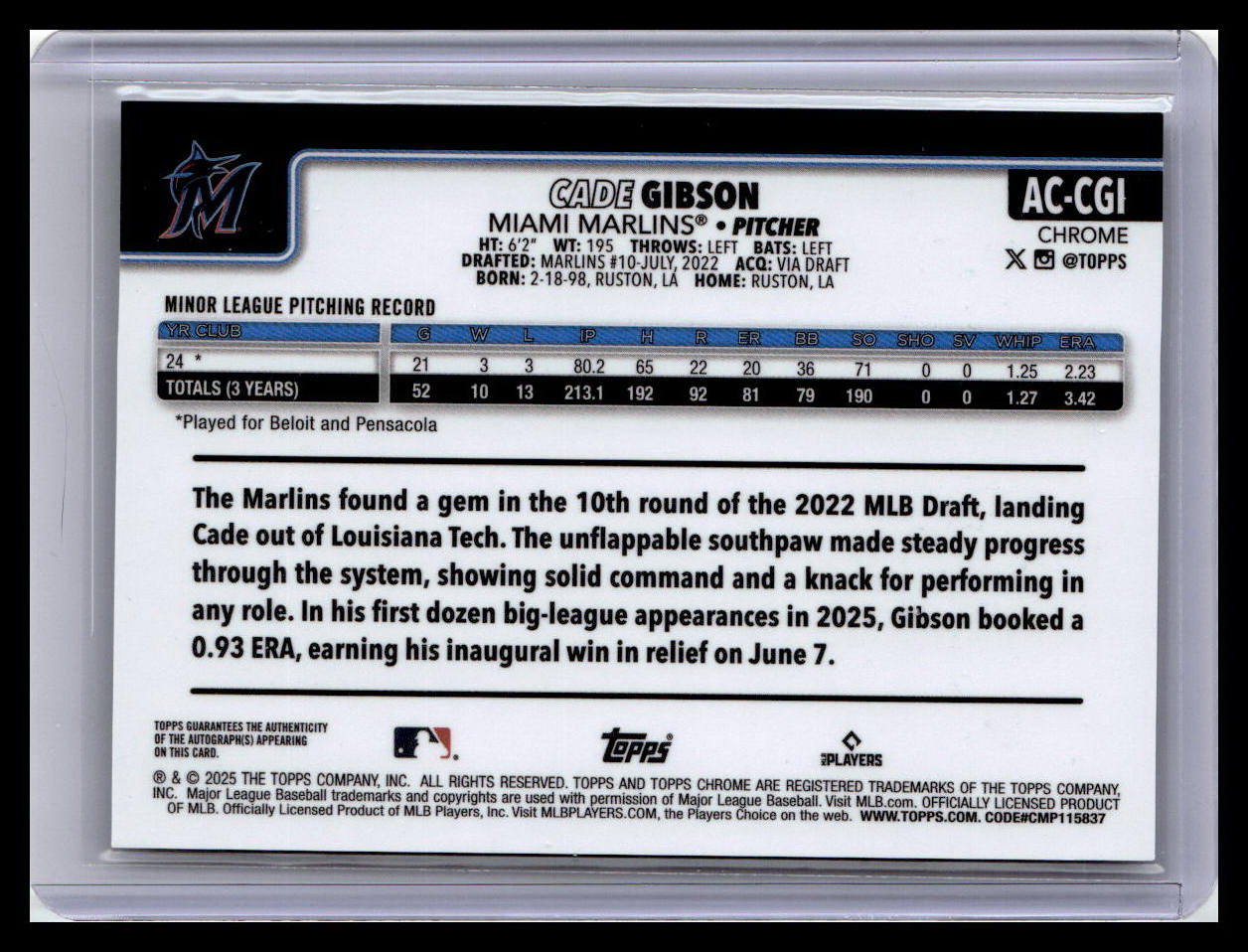 2025 Topps Chrome Update #AC-CGI Cade Gibson Chrome Update Autographs