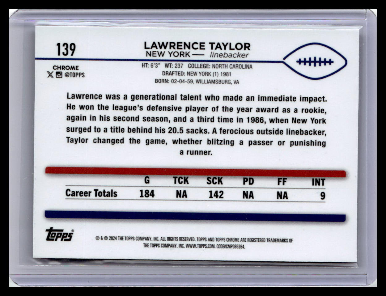 2024 Topps Chrome #139 Lawrence Taylor Pink Refractor