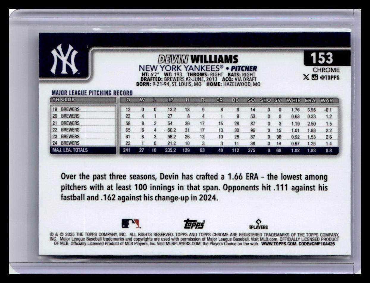 2025 Topps Chrome Logofractor Edition #153 Devin Williams