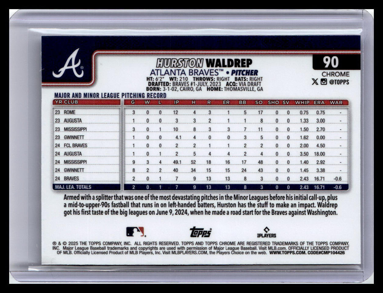 2025 Topps Chrome #90 Hurston Waldrep Raywave Refractors
