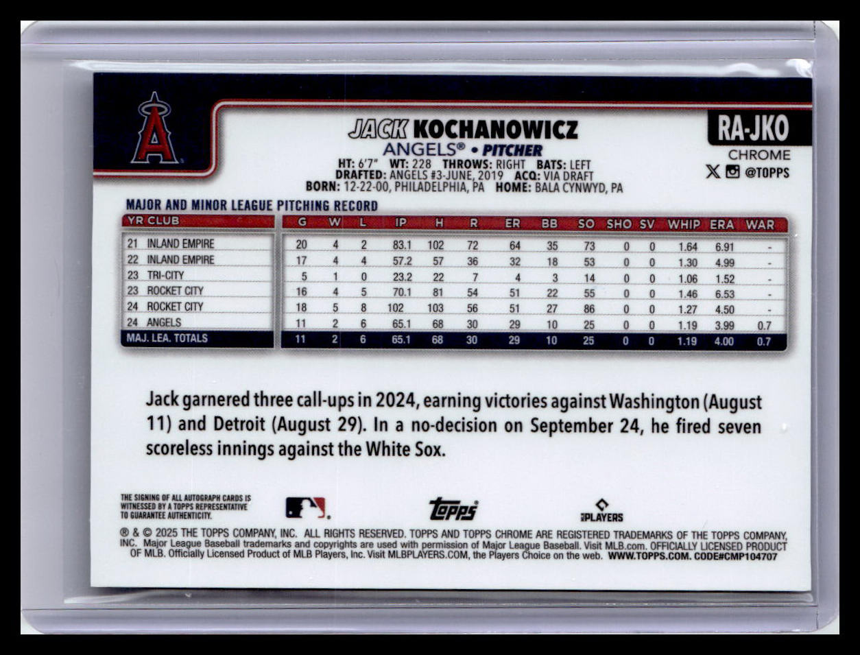 2025 Topps Chrome #RA-JKO Jack Kochanowicz Purple Refractor (RC,AU,SN) 108/250