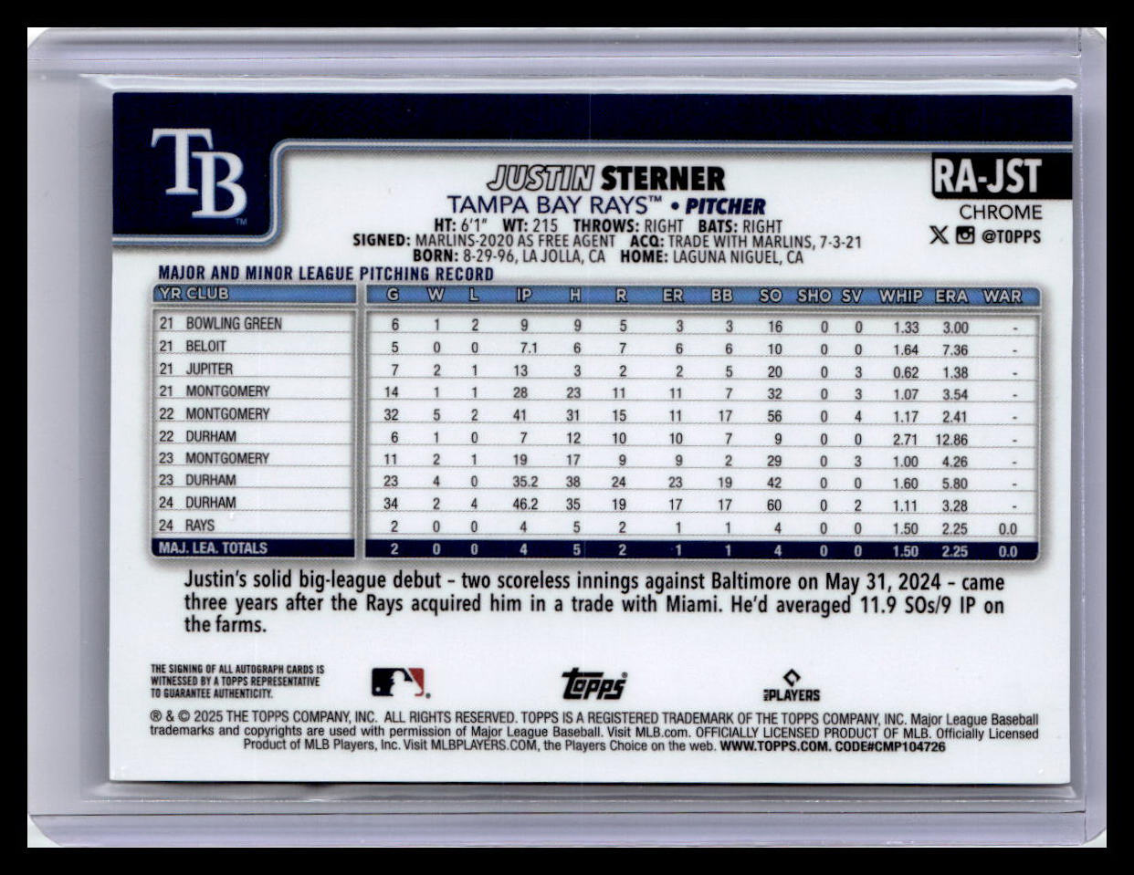 2025 Topps Chrome #RA-JST Justin Sterner Rookie Autographs