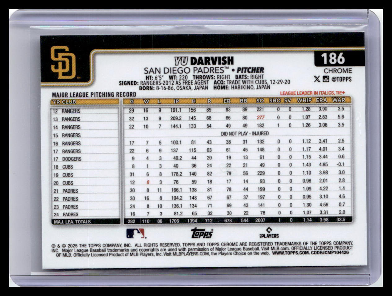 2025 Topps Chrome #186 Yu Darvish